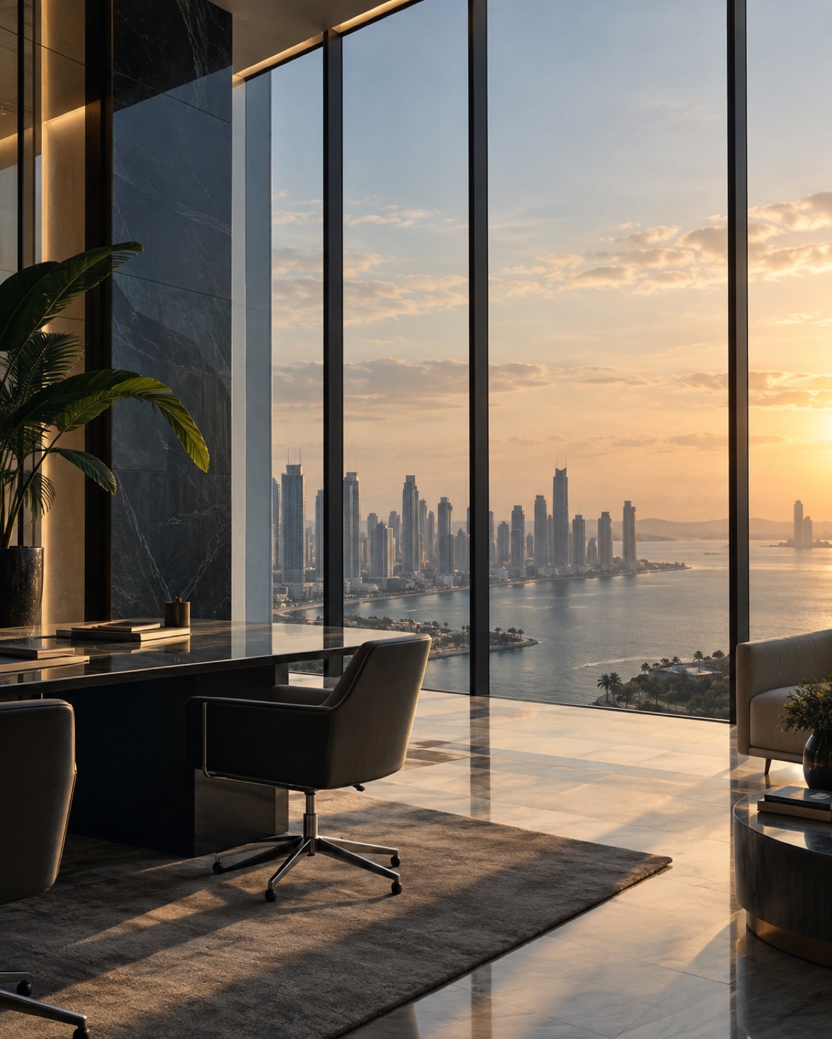 Vista ilustrativa de una oficina contemporánea frente a la Ciudad de Panamá